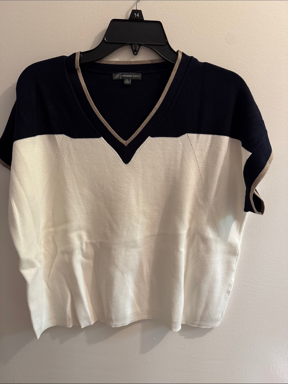 Adrianna Papell Navy and Cream V-Neck Two-Tone Short Sleeve Sweater
